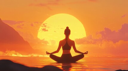 A woman sits in a meditative pose by the water during sunset, silhouetted against a vibrant orange sky. The calm atmosphere and serene setting offer a peaceful and spiritual connection to nature.. AI