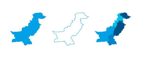 Pakistan set of three maps - solid map, outline map and map highlighting administrative divisions. Three distinct maps illustrate various representations of a geographical area.
