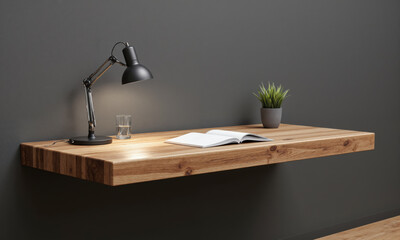 Wall-mounted, floating desk made from reclaimed wood, with a sleek, adjustable task lamp and a few neatly arranged office supplies.