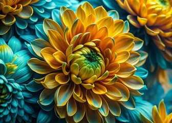 Teal Yellow Floral Abstract Modern Art Poster Print,  Unique Botanical Design