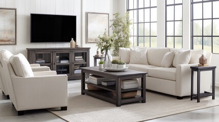 Modern living room with sofa, chairs, coffee table, and media console.