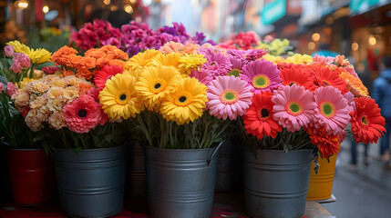 Vibrant Gerbera daisies in buckets at market.