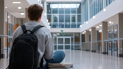 A sad boy sits on the floor of a school hallway, surrounded by open books and his backpack, reflecting during a quiet afternoon