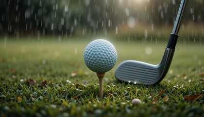 golf ball on a tee with a club in the rain, ready to be struck, beautiful grassy field