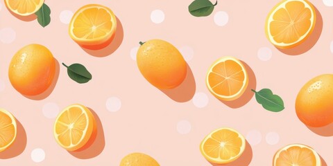 Fresh and Juicy Oranges on a Soft Pink Background with Leaves