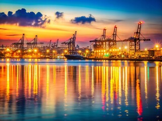 Fototapeta premium Thessaloniki Port Evening Panorama: East-West Cityscape with Industrial Cranes