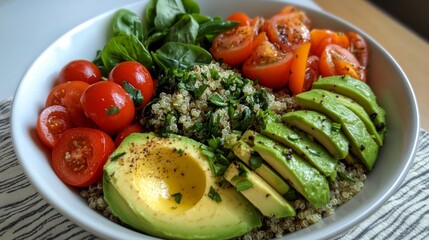 Healthy Quinoa Bowl with Avocado Tomatoes and Spinach