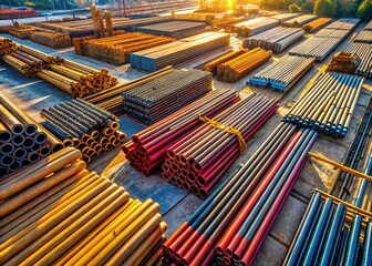Aerial View of Stacked Steel Pipes at Industrial Site - Construction Material Storage