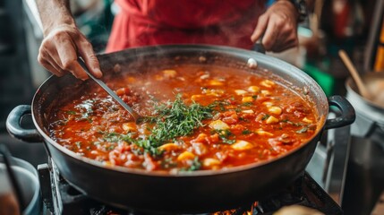 A chef prepares a vibrant tomato stew