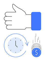 Thumbs up hand gesture above a clock with circular arrow and falling coins with dollar sign. Ideal for time management, financial savings, productivity, efficiency, business growth, reward system