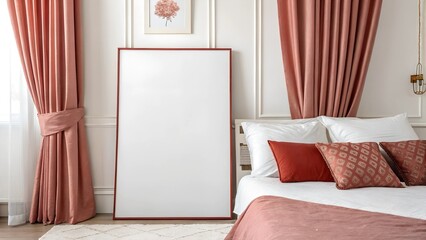 A modern bedroom with elegant light red curtains, decorative pillows, and a blank canvas mockup leaning against the wall. The room features soft, neutral tones and stylish interior design details.