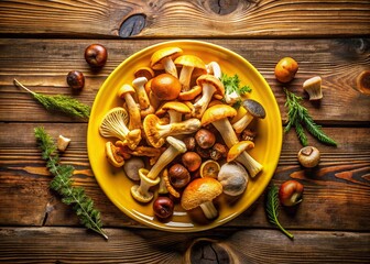 Fototapeta premium Aerial View of Yellow Plate with Mushrooms - Gourmet Food Photography