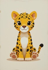 Obraz premium Cute cartoon-style baby leopard sitting on a plain background.