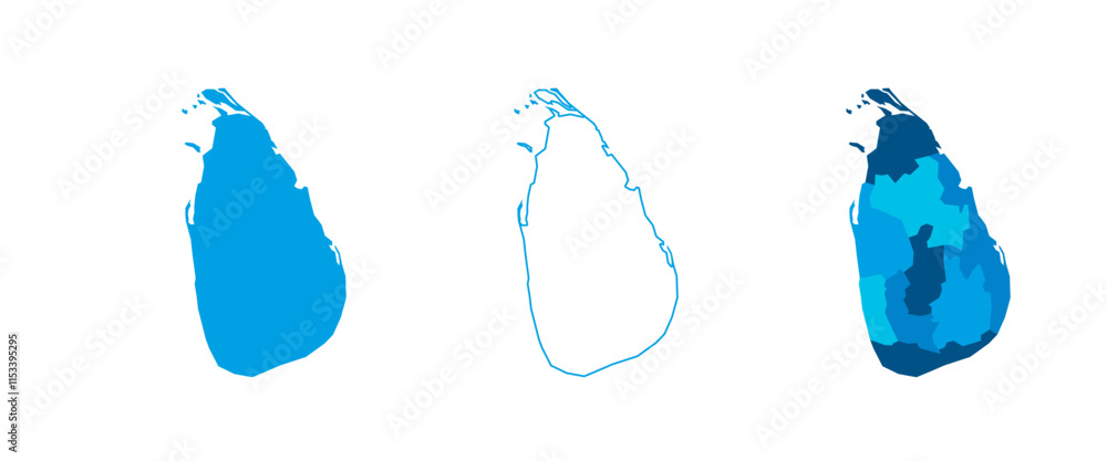 Poster sri lanka set of three maps - solid map, outline map and map highlighting administrative divisions. 