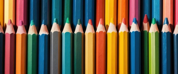Fototapeta premium Close-up of arranged colorful wooden pencils with sharp tips on a bright background.