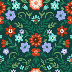 Floral pattern in folk style on green background. Vector graphics.