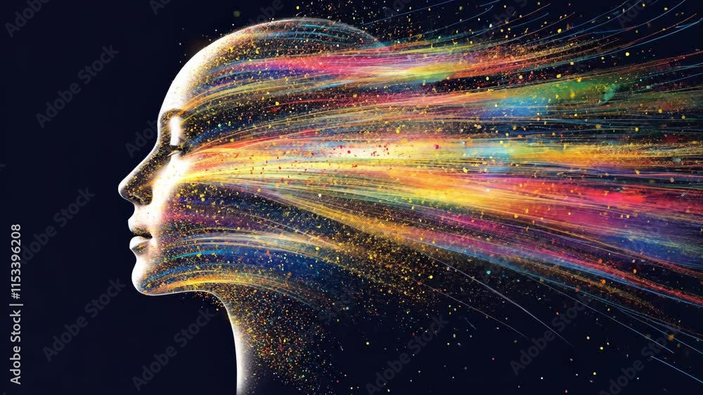 Poster creative expression through colorful waves emanating from a human profile in a dark setting