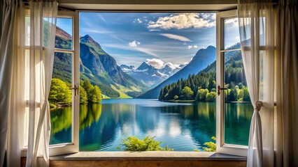 Alpine Lake Panorama Seen Through a Window with Flowing Curtains - Breathtaking Mountain Scenery