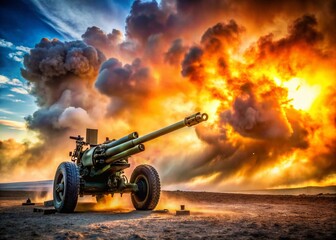 Naklejka premium American Howitzer Artillery on Battlefield - Military Weapon Stock Photo