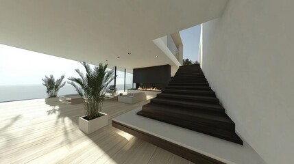 Obraz premium Modern minimalist home interior with ocean view, stairs, and fireplace.