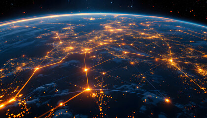 Obraz premium Global Internet Network Connection, Worldwide Communication and Connectivity, Earth with Global Network Overlay