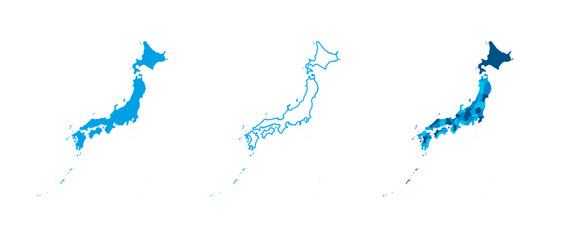 Obraz premium Japan set of three maps - solid map, outline map and map highlighting administrative divisions. Three distinct maps illustrate various representations of a geographical area.