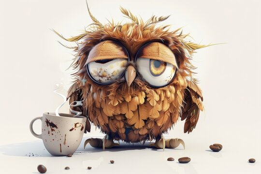 Crazy sleepy funny owl holding a coffee cup, cartoon style, on white background