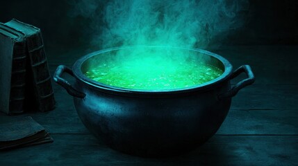 Bubbling cauldron potion brewing dark room fantasy scene mysterious environment close-up view enchantment concept