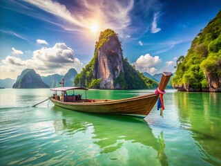 Traditional Thai Longtail Fishing Boat on Calm Phang Nga Bay Waters, Thailand