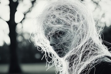 Dramatic monochrome portrait of a young woman with ethereal hair, captured outdoors, evoking a sense of mystery and elegance.