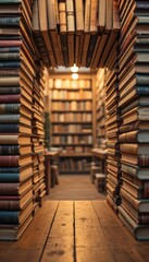 Obraz premium Stacked books forming an archway in a cozy, warmly lit library.