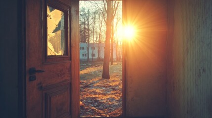 Broken Doors and Shattered Windows in Golden Hour Light