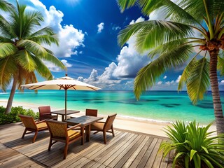 Fototapeta premium Tropical Beach Terrace Paradise: White Sand, Ocean Waves, Vacation Relaxation
