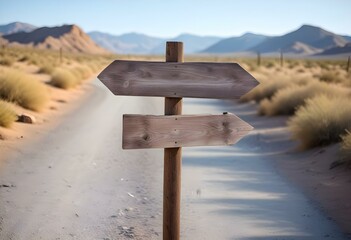 Weathered wooden directional sign post in a desert or rural landscape, with a blurred background of mountains or hills