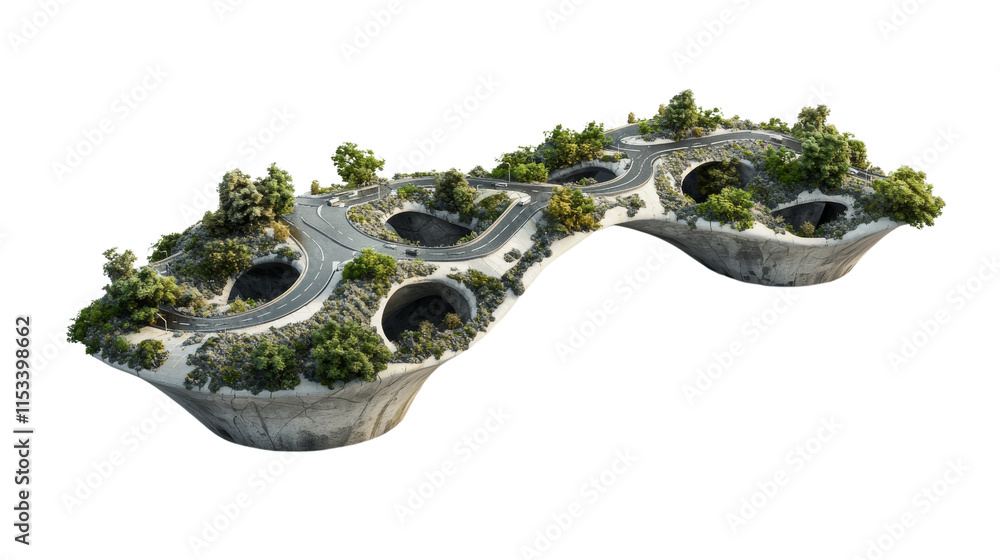 Poster a futuristic, organic structure featuring circular gardens and pathways, seamlessly integrating natu