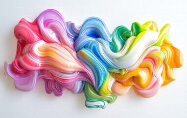 A playful swirl of liquid paint in rainbow colors, with each hue blending seamlessly, on a bright white background