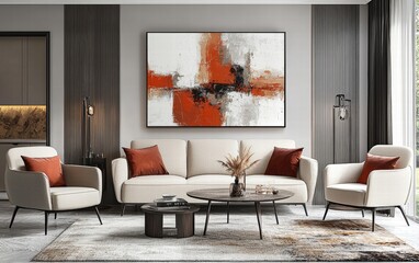 Minimalist, scandinavian home interior design of modern living room with abstract art, beige sofa and armchairs and cozy furniture for a chic yet inviting feel.