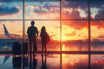 Couple waiting for boarding at airport terminal at sunset