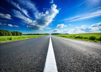 Naklejka premium Asphalt Road with White Dashed Line - Empty Highway Background