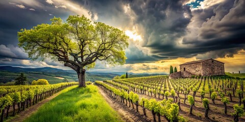Naklejka premium Tuscan Spring: Vineyard & Cottonwood, Early Season Sunlight