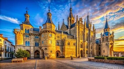 Fototapeta premium Astorga Episcopal Palace: Majestic Spanish Architecture & Cobblestone Streets