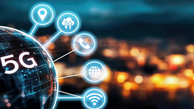 A digital globe with 5G text against a blurred background, showing 5G expansion, internet connectivity, and data flow for faster communication