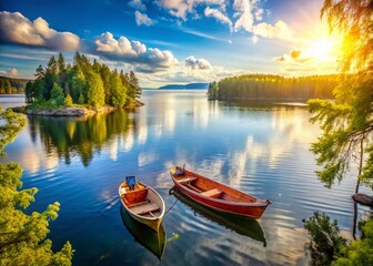 Obraz premium Two Finnish Fishing Boats Meet on Lake Saimaa's Calm Waters, Sunny Summer Day