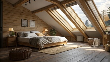 Attic Bedroom, Skylights, Wood Floor, Cozy, High Depth of Field Stock Photo
