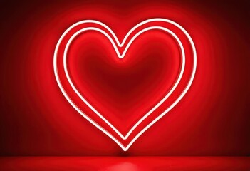 Neon heart glowing on vibrant red background with soft lighting effect.