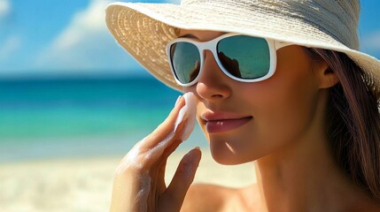 A woman wearing a wide-brimmed hat and white sunglasses applies skincare product to her face while enjoying a sunny day by the ocean. The clear skies and beach setting emphasize sun care and