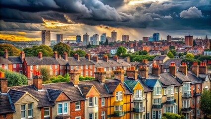 Obraz premium UK Urban Landscape: Terraced Houses & High-Rise Flats - Modern City Living Stock Photo