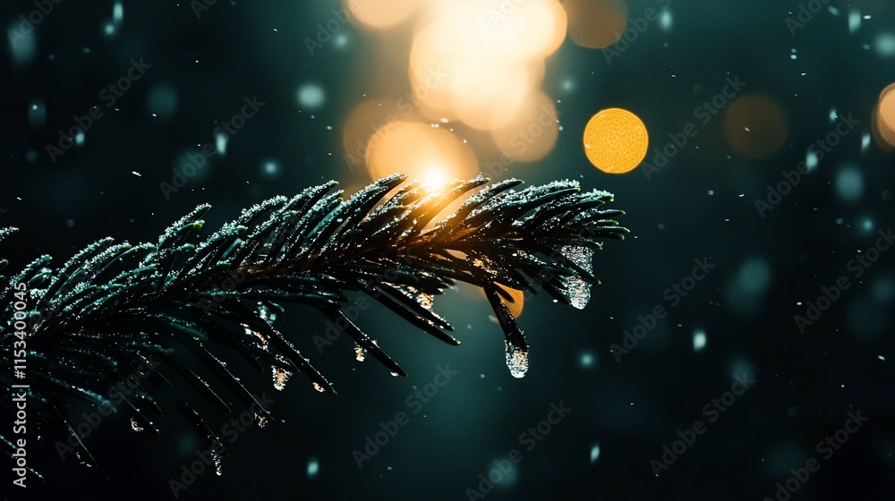 Poster close-up of pine branch with melting snow and ice droplets, bokeh background.