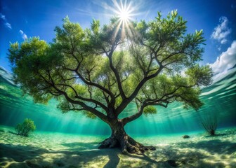 Underwater Olive Tree Silhouette: Ethereal Submerged Botanical Photography