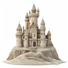 Obraz premium Intricate sand castle with towers and flags standing on a mound of sand, isolated on white